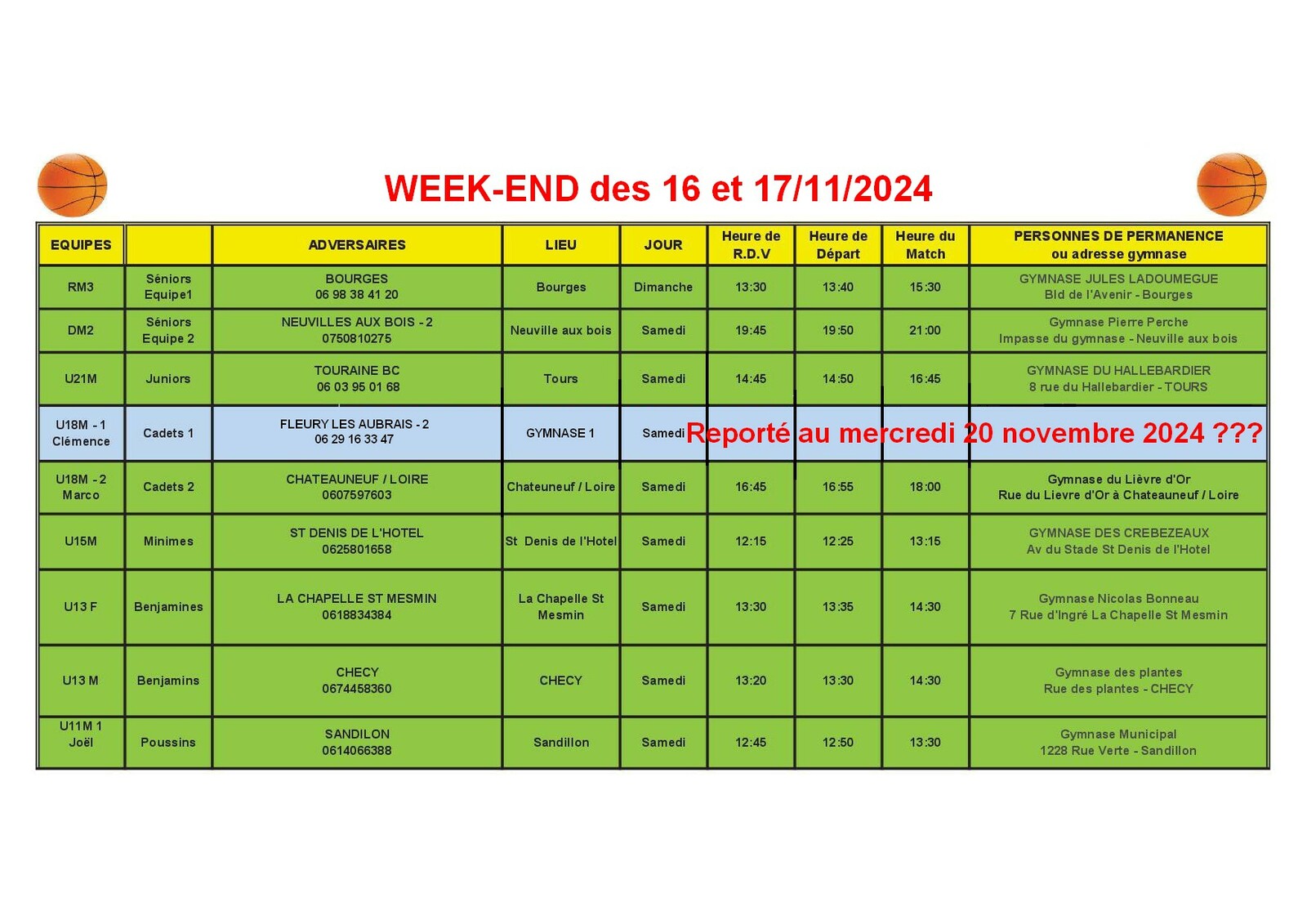 News 011 : planning des matchs des 16 et 17/11/2024