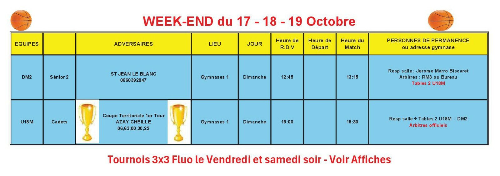 News 10 : planning des matchs des 17 +18+ 19/10/2025