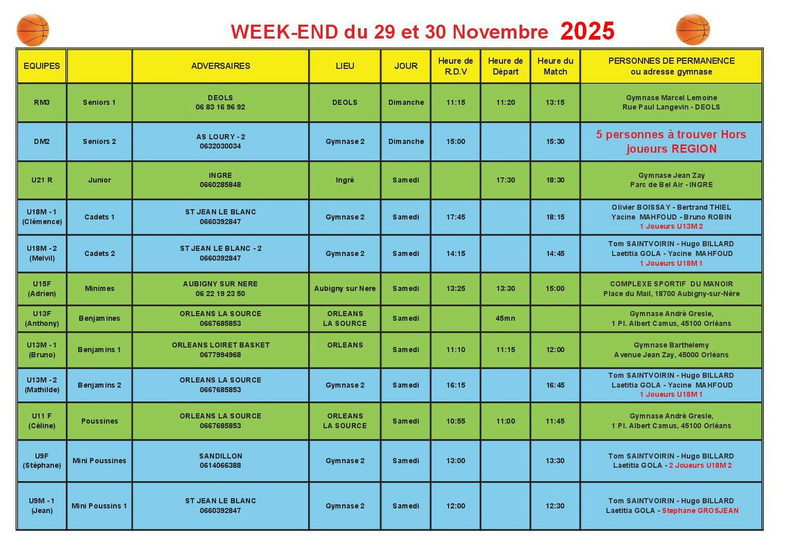 News 16 : planning des matchs des 29 et 30/11/2025