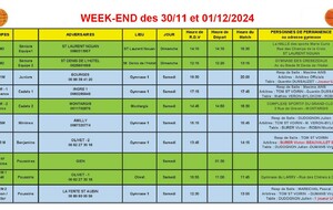 News 014 : planning des matchs des 30/11 et 01/12/2024