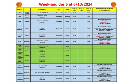 News 005 : planning des matchs des 5 et 6/10/2024