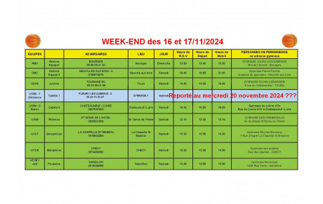 News 011 : planning des matchs des 16 et 17/11/2024