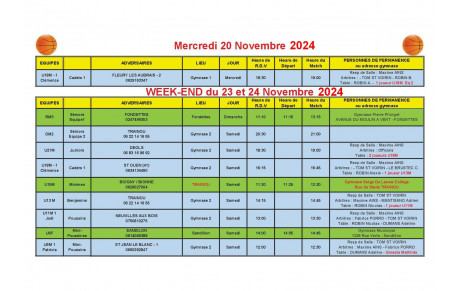 News 012 : planning des matchs des 23 et 24/11/2024