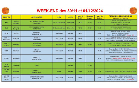 News 014 : planning des matchs des 30/11 et 01/12/2024