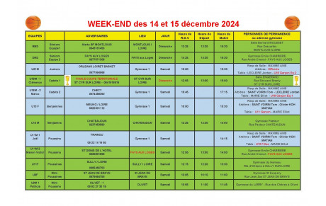 News 017 : planning des matchs des 14 et 15/12/2024