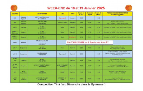 News 020 : planning des matchs des 18 et 19/01/2025